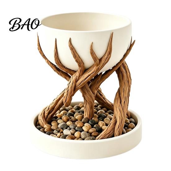 Creative Home Office Decor 3D Printed Tree Root Planter, Bionic Wood Textured Flower Pot with Gift for Gardening Lovers Drainage Hole, Succulent
