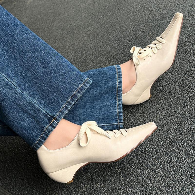 Fashion New Spring Genuine Leather Woman Shoes Pointed Toe Women Pumps Shoes for Women Chunky Heel Lace Loafers Fashion Gladiator Shoes