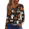Women's Fashion Casual Halloween Printed V-Neck Button Trim Long Sleeve T-Shirt Top
