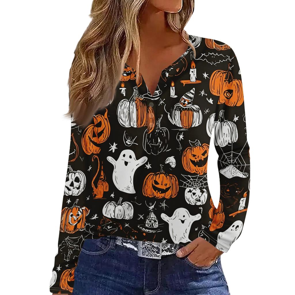 Women's Fashion Casual Halloween Printed V-Neck Button Trim Long Sleeve T-Shirt Top
