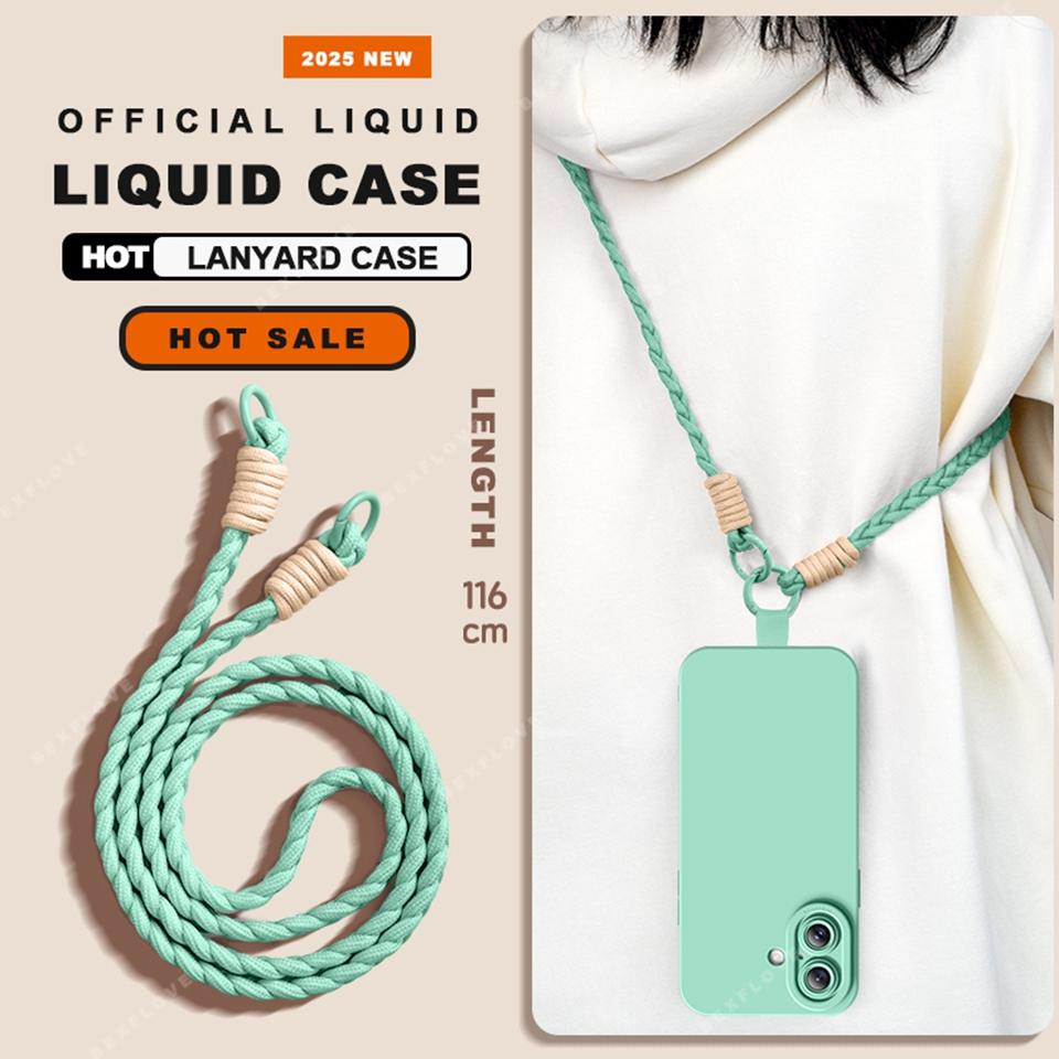 Silikonový kryt s tekutým popruhem pro iPhone 16E 16 14 15 Plus 12 13 Mini 11 16 Pro X XR XS Max SE Soft kryt na šňůrku na krk