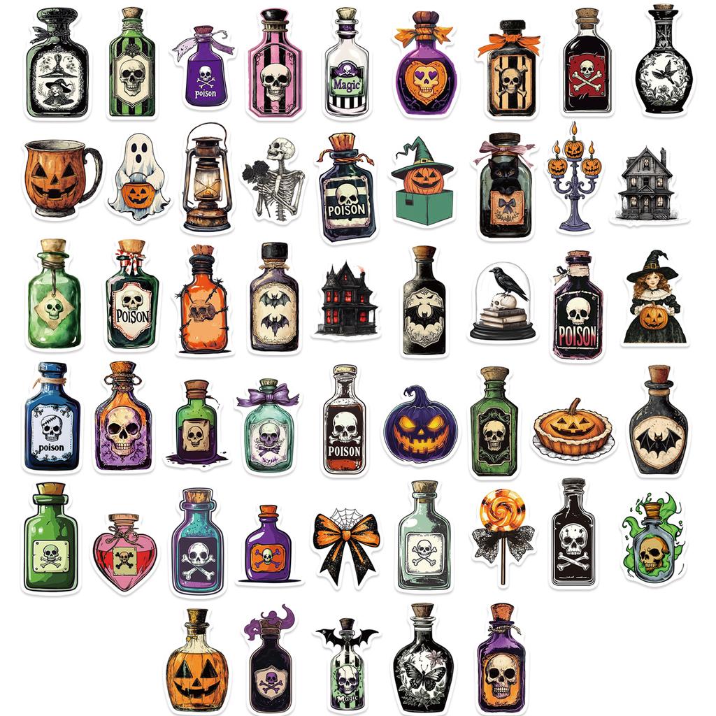 50PCS Halloween Potion Bottle Stickers Holiday-themed Painted Graffiti Mugs Phones Notebooks Luggage Decor Waterproof Stickers