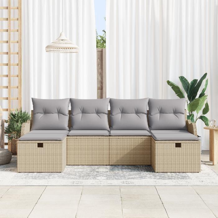 Ensemble de canapés de jardin 6 pièces avec coussins Beige Poly Rotin, Canapé de jardin 2 places avec rangement &amp; coussins 3360351