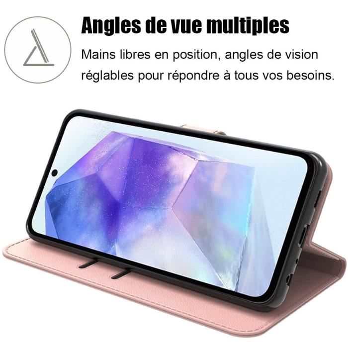 Coque pour Samsung Galaxy A55 5G, Coque en Cuir PU, Protection Antichoc avec Porte-cartes et Fonction de Support, Rose