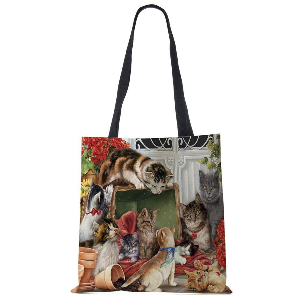 Customize Oil Painting Cat Print Womens Designer Tote Bags Linen Reusable Shopping Bag For Groceries Shoulder Bags for Lady 2020 Casually