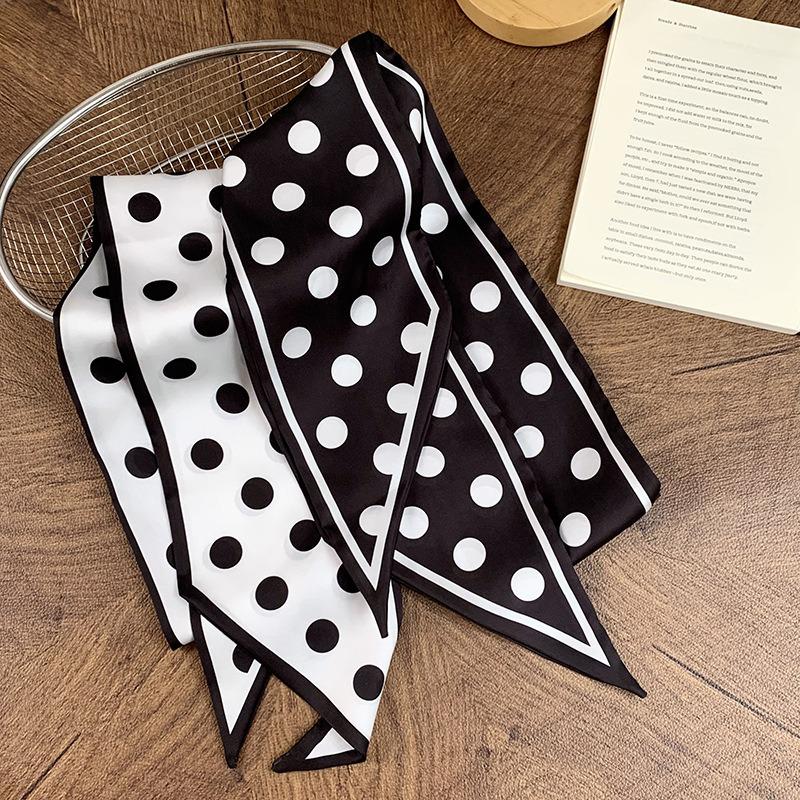 Polka dot silk scarf, long strip, high-end and versatile decorative scarf, new imitation silk scarf, headscarf, headband, bag strap.