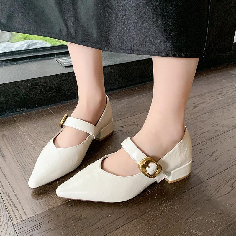 Coarse Heel Mary Jane Shoes Women's Spring New Soft Leather Retro One-word Buckle High Heels
