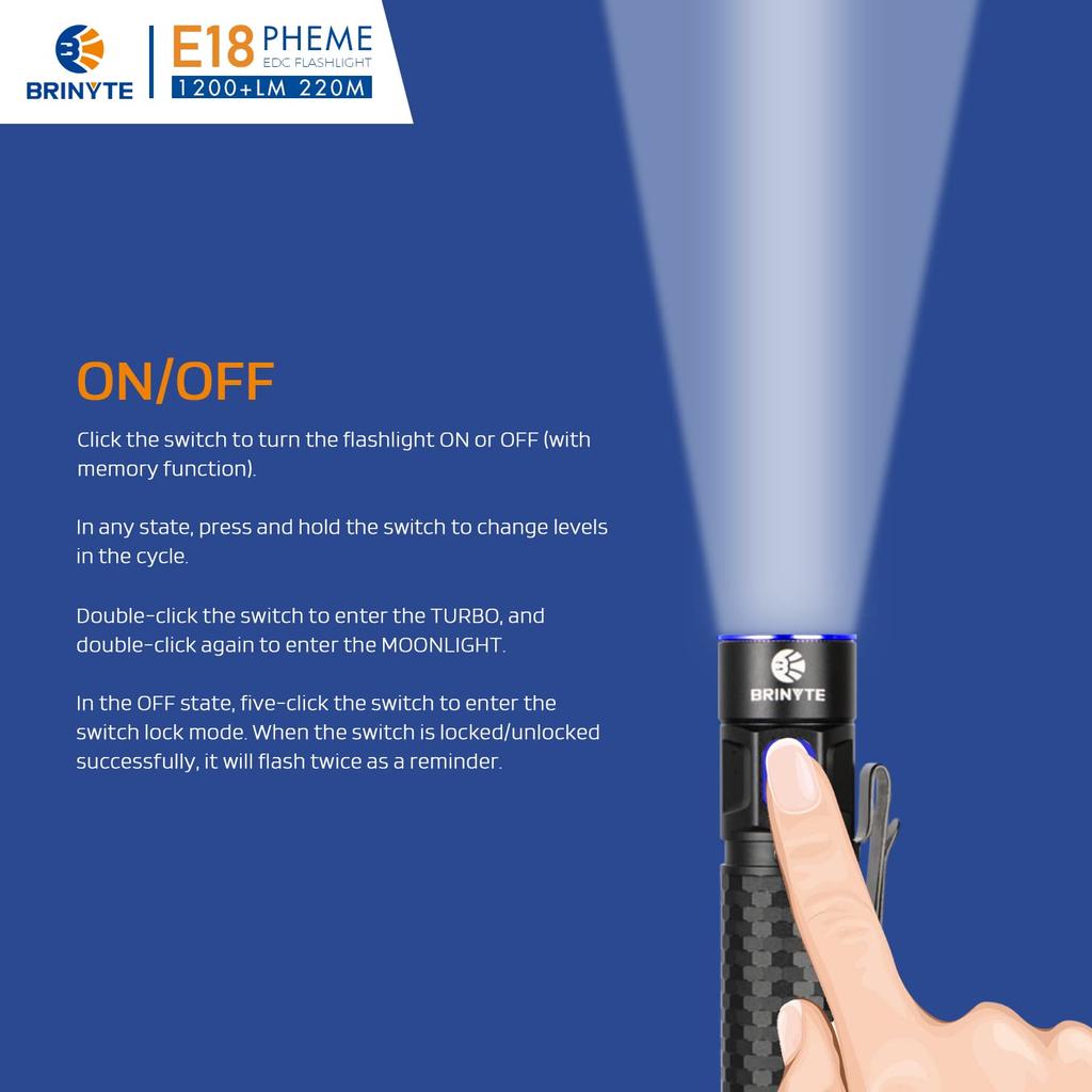 Brinyte E18 Rechargeable LED Flashlight with Maximum 1200 Lumens Compact and Bright EDC Pocket Light with IP68 Adhesive Tail High Fast and Mounting