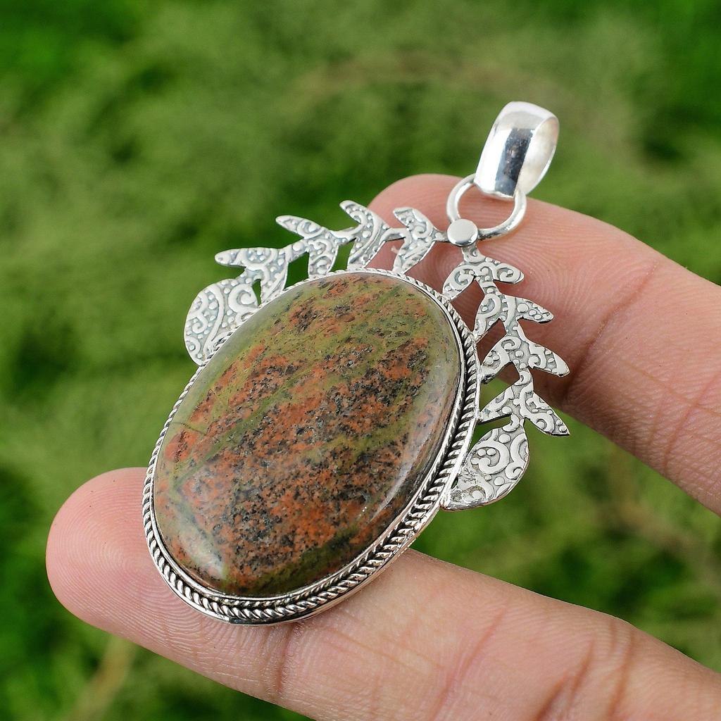Daughters Day Sale Unakite Gemstone Wife Bezel Boho Pendant 925 Sterling Silver