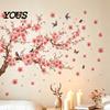 Modern Minimalist Room Aesthetics Stickers 2Pcs Sakura Wall with Butterflies & Birds, Peach Blossom Branch Easy Installation Floral Decor Decals,
