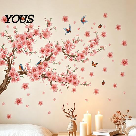 Modern Minimalist Room Aesthetics Stickers 2Pcs Sakura Wall with Butterflies & Birds, Peach Blossom Branch Easy Installation Floral Decor Decals,