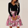 Ladies' Christmas Printed Casual And Fashionable V-neck Long Sleeved Dress