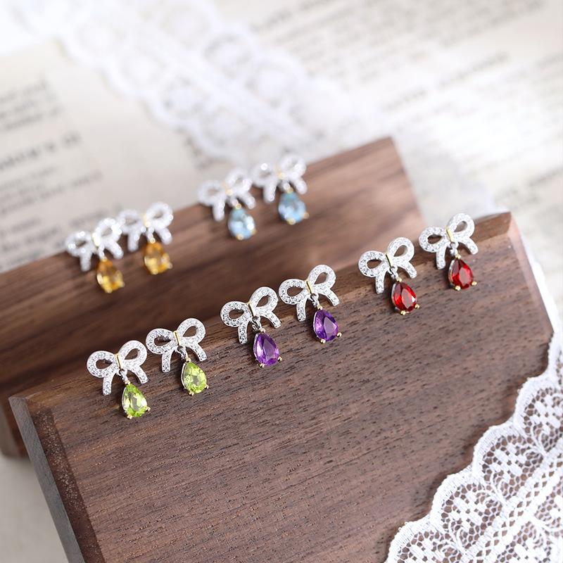 S925 Sterling Silver Sweet Cool Wind Natural Crystal Stone Stud Earrings Bow Simple Temperament Love Earrings Women Jewelry Gift