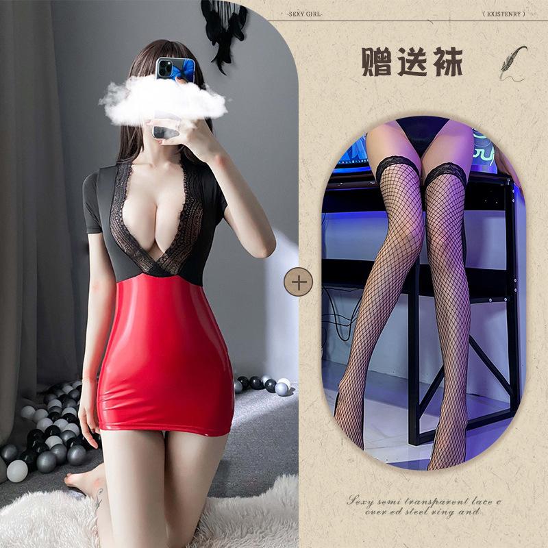 New Sexy Underwear Sexy Women OL Office Temptation Burst Tits Hip-wrapped Secretary Patent Leather