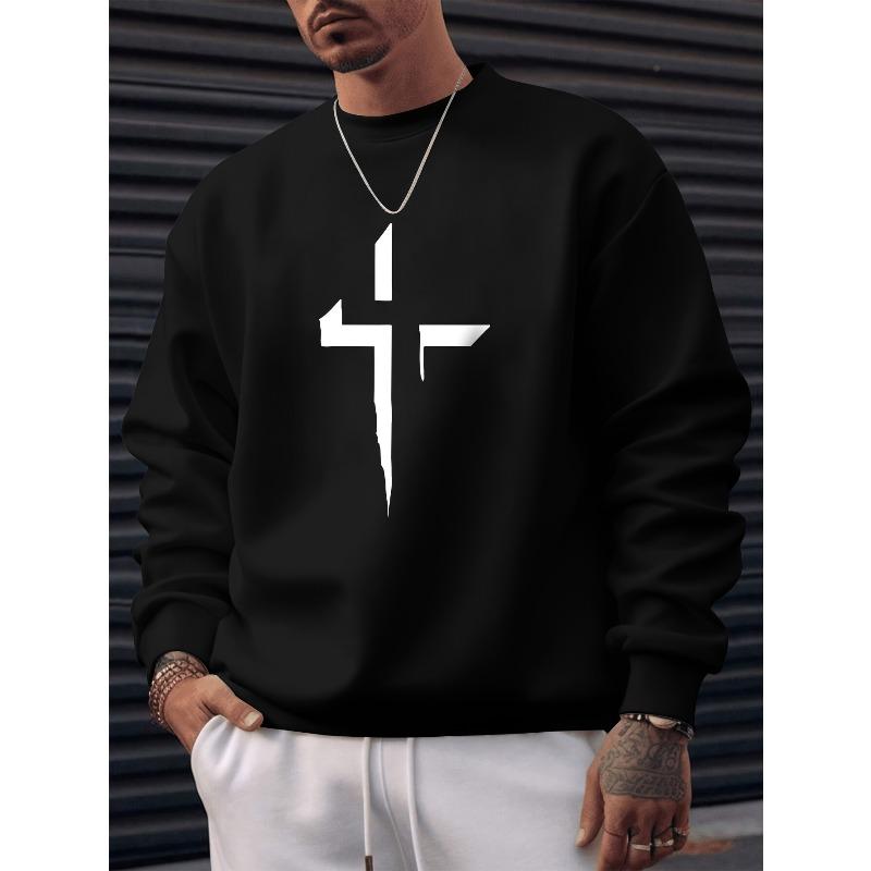 Cross Print Men's Versatile And Trendy Long Sleeve Casual Pants Outfits, Sweatshirt And Sweatpants For Spring/Fall Outdoor