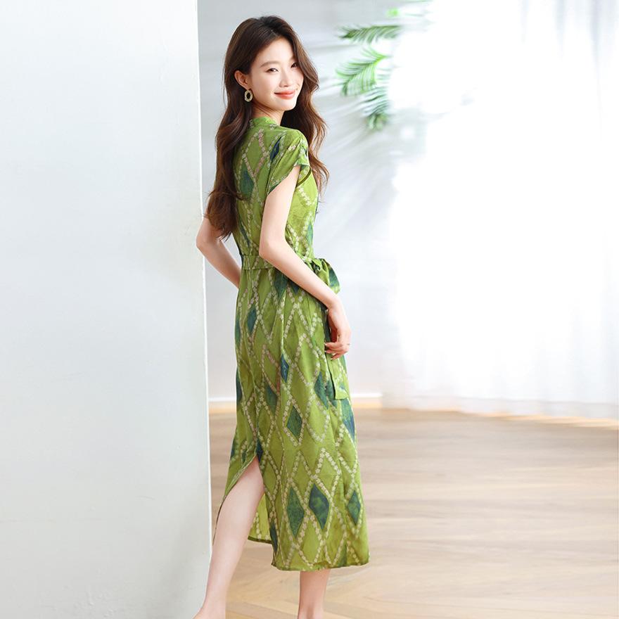 new green diamond dress women's fashion unique beautiful waist lace-up skirt