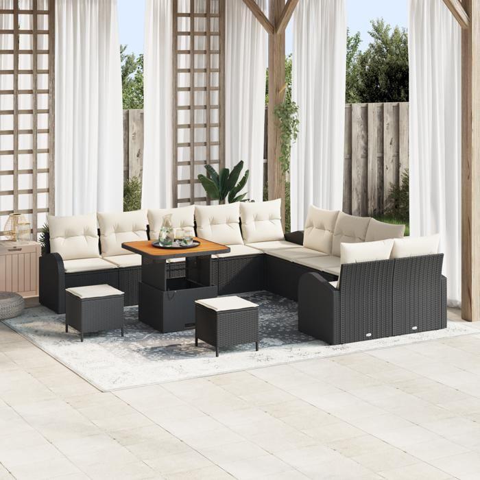 Ensemble de Canapé de Jardin 13 Pièces en Poly Rotin Noir avec Coussins, Canapé de Jardin 2 Places en Rotin Noir 3362450