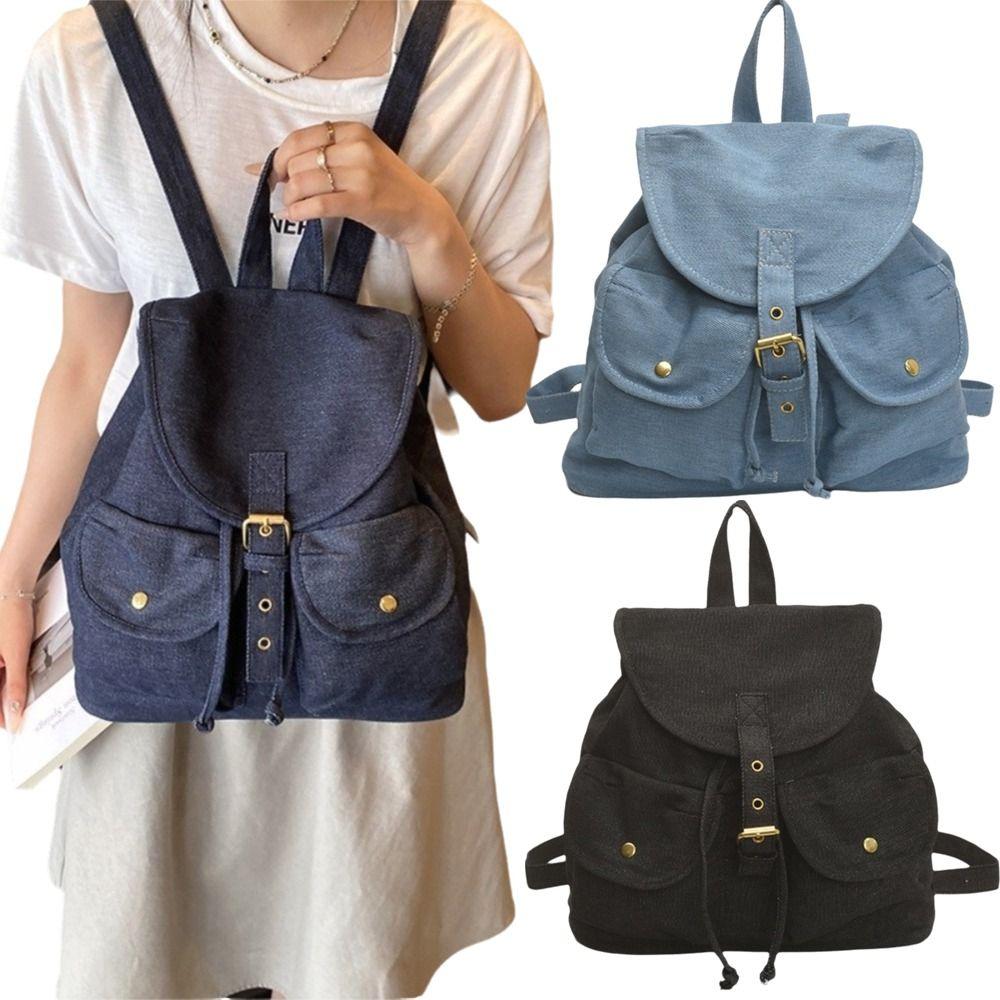 Washed Denim Retro Backpack Large Capacity Lace-up Drawstring School Bag Exposed Stitching Multi-pocket Commuting Bag Students