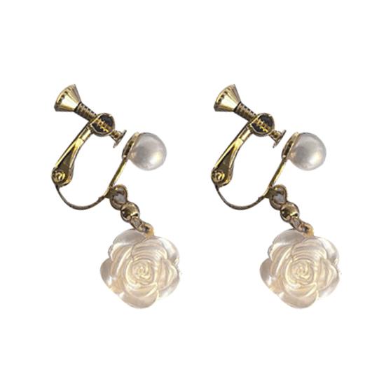 1 Pair Women Earrings Camellia Shape Faux Pearl Design Show Unique Charm Alloy Mini Flower Style Elegant All-Match Drop Earrings for Dating