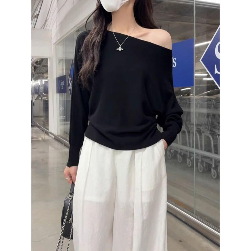Kumikumi Gentle Temperament Sloping Shoulder Long Sleeve Knit Women Clothes Autumn Slimming All-Match Solid off-Shoulder Top