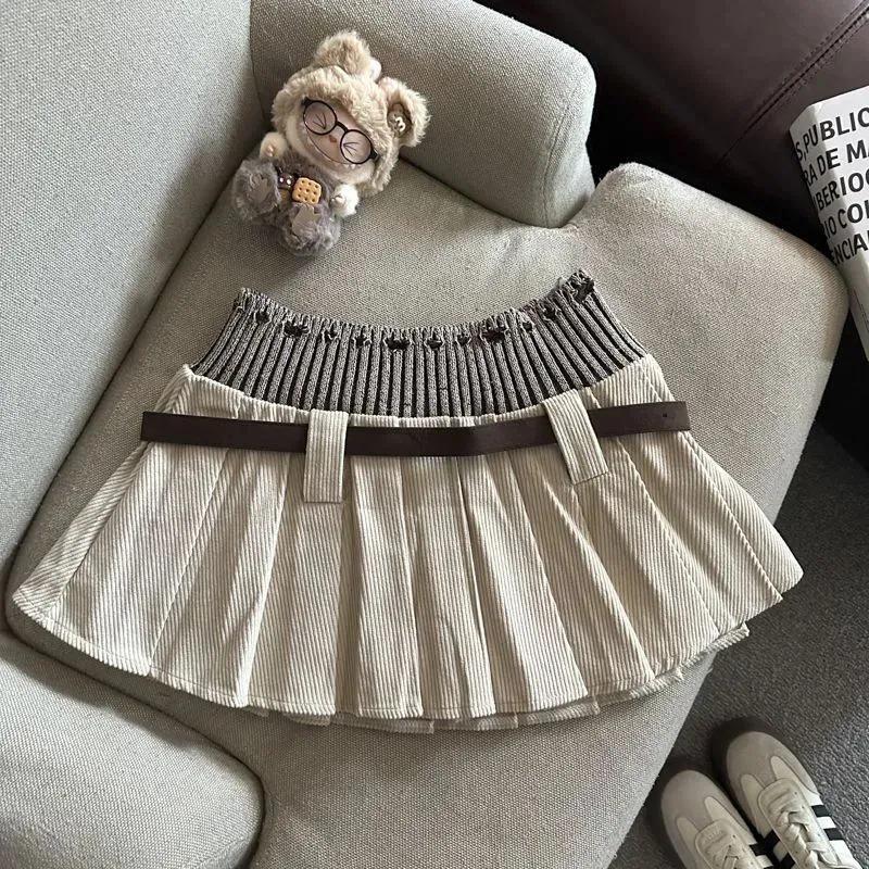 European & American Style Retro Knit Waistband Corduroy Pleated Short Skirt for Fall/Winter