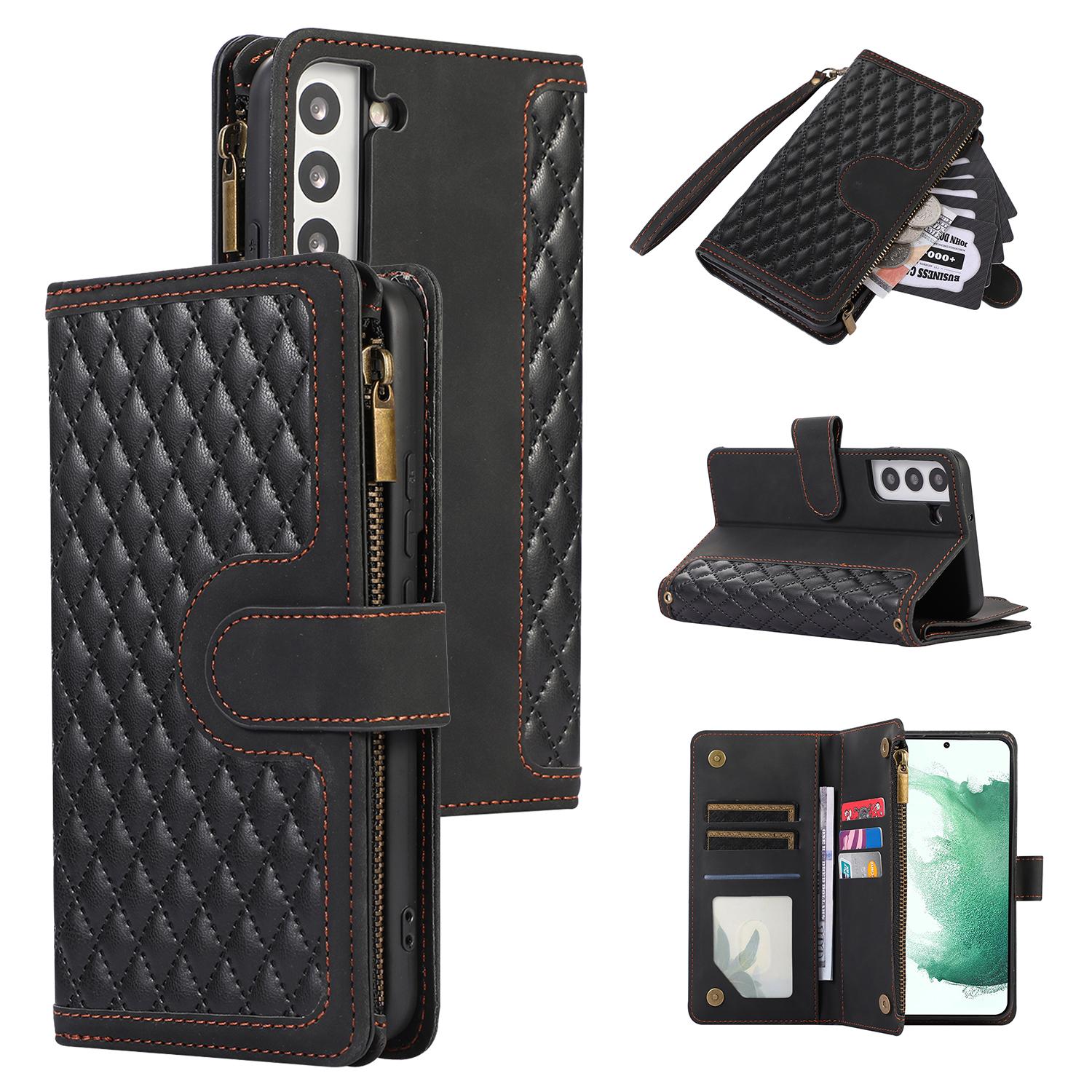 

Для Samsung Galaxy S21 FE 5G Чехол-кошелек из ПУ кожи с карманом на молнии и 9 отделениями для карт, подставка, противоударная крышка Black