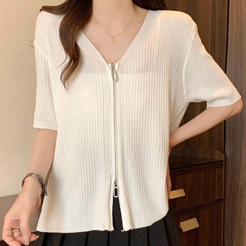 Women Sweaters Cardigans 2025 Summer Short Sleeve V-Neck Black White Knitted Sweater Women Tops Cardigan JJ128