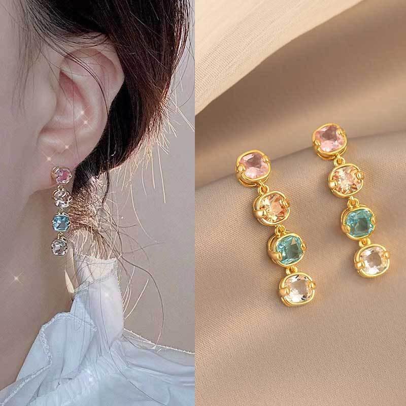 Fantasy Colorful Palette Pink Diamond Opal Splicing Long Earrings Gentle Versatile Girls Heart Ears Teachers' Day Gifts
