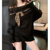 Korean Version Wear Autumn Winter Leopard Print Tie Off Shoulder Neck Long Sleeved Sweater Women's Fried Top Medium Length