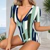 Women Plus Size Green Blue White Striped Printed V Neck Short Sleeve Button Front Romper