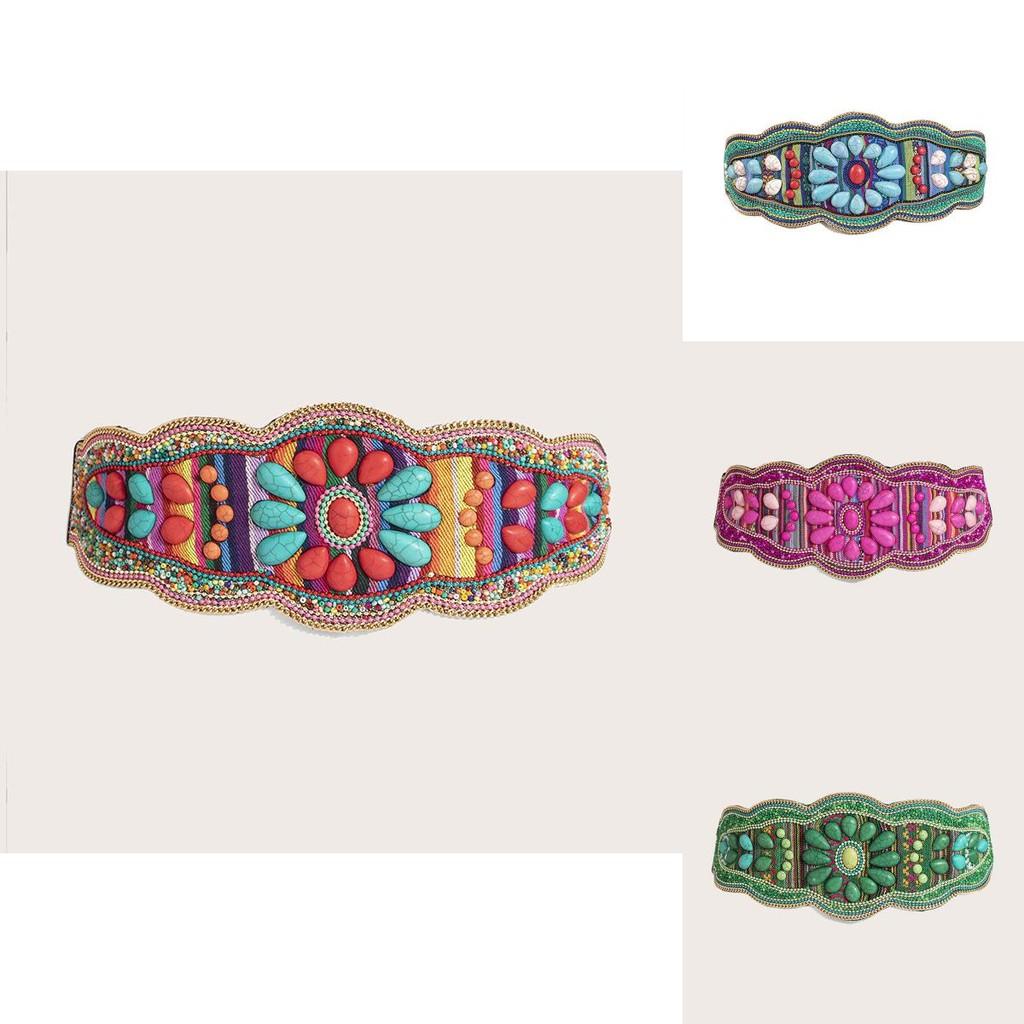Womens Bohemian Style Fabric Waist Belt With Turquoise Beads And Embellishments For Outfits Seasonal