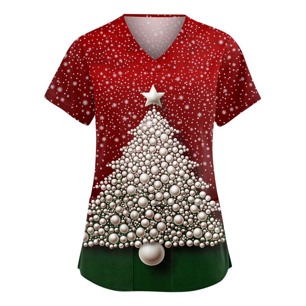 Damen Modische V-Ausschnitt Arbeitskleidung Weihnachten Bedruckt Kurzärmlig Tasche Seitenschlitz Arbeitskleidung Basic Pullover Top