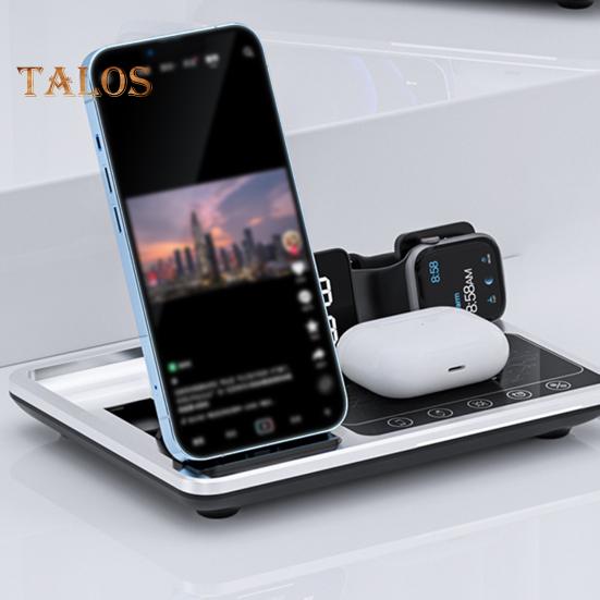 4 in 1 Wireless Charger Stand with Alarm Clock & Night Light Foldable Fast Charging Dock One-Key Lifting Smartwatch Charging Stand for IPhone