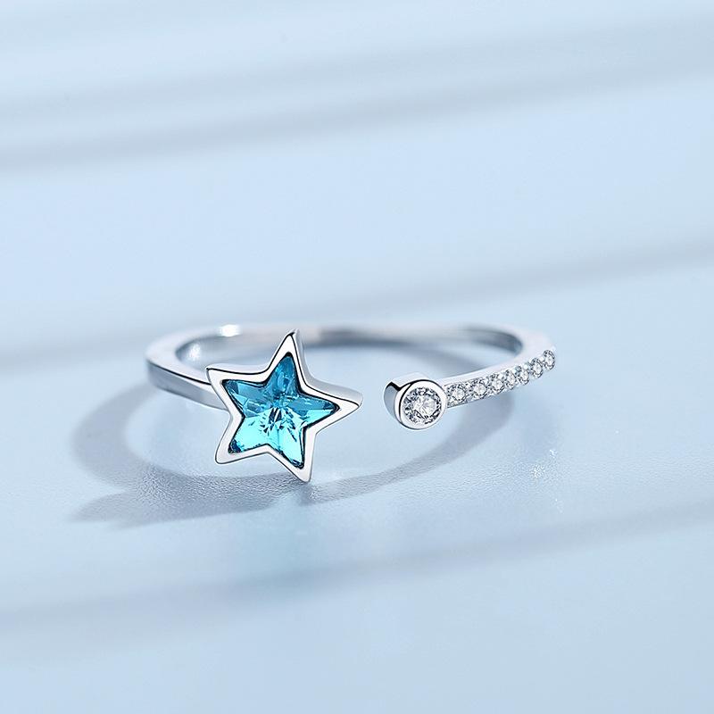 Pure 925 Beautiful Silver Star Ring For Women Featuring Unique Blue Detail