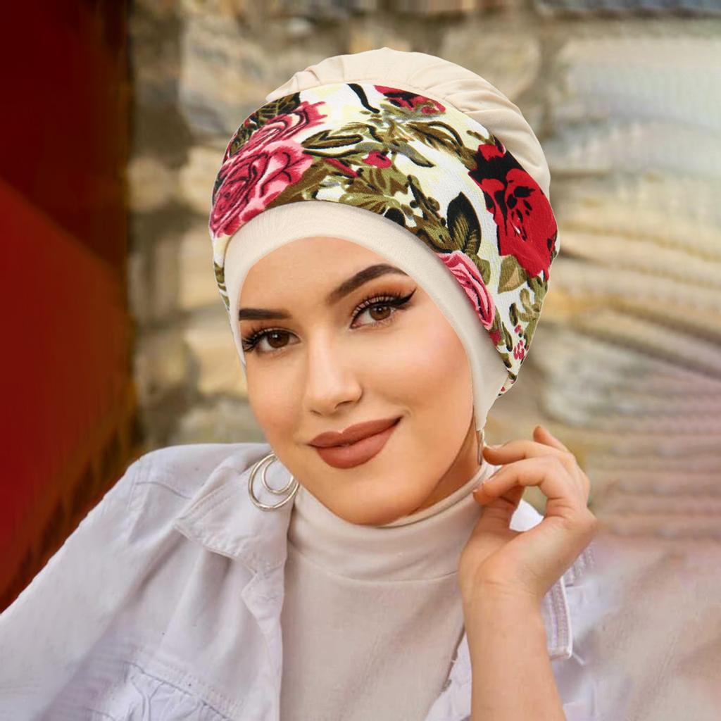 New Muslim Women Soft Strech Turban Hats Pre Tied Headscarf Print Flower Hijabs Bandana Chemo Beanies Caps Cover