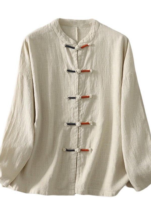 Women's Casual Loose-Fit Cotton Linen Long Sleeve Shirt with Stand Collar & Frog Buttons - New Chinese Style