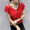New Summer Sequin V-neck Short-sleeved Thin Slim Mesh Trolley-cut Hollow Off-shoulder T-shirt