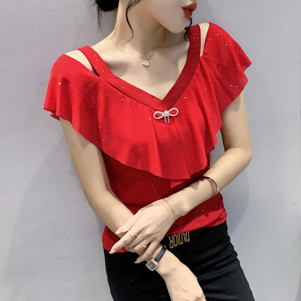 New Summer Sequin V-neck Short-sleeved Thin Slim Mesh Trolley-cut Hollow Off-shoulder T-shirt