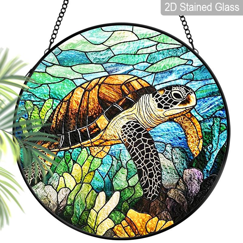 2D Flat Stained Glass Marine Themed Turtle Window Decoration, 7.87inches Colored Glass Plate with Chain, Charming Summer Sun Catcher Home Decor