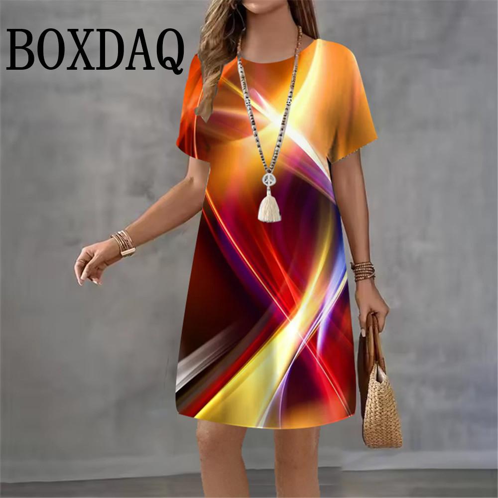 2026 Summer Abstract Dress 3D Print Streetwear Women's Elegant Fashion Loose Short Sleeve Dresses Female Tie Dye Woman Clothing