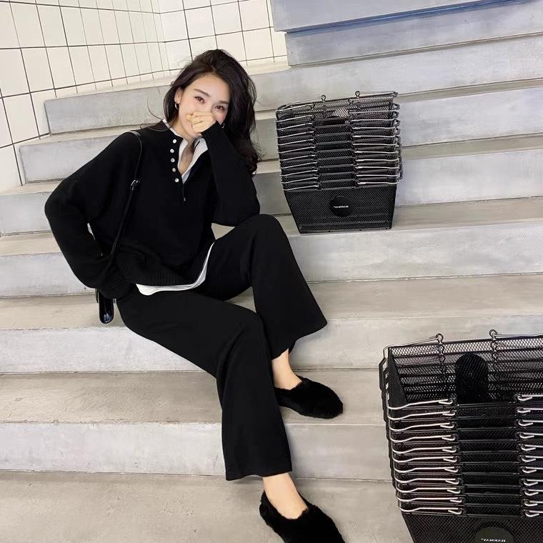 

Женский осенний повседневный комплект из двух предметов: топ с длинными рукавами и спортивные брюки XXS чёрный