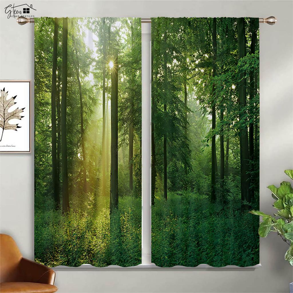 Forest Scenery Decorative Curtains Green Woods Sunshine Natural Aerobic B&B Hotel Bedroom Living Room 3D Printing Curtains 2PCS