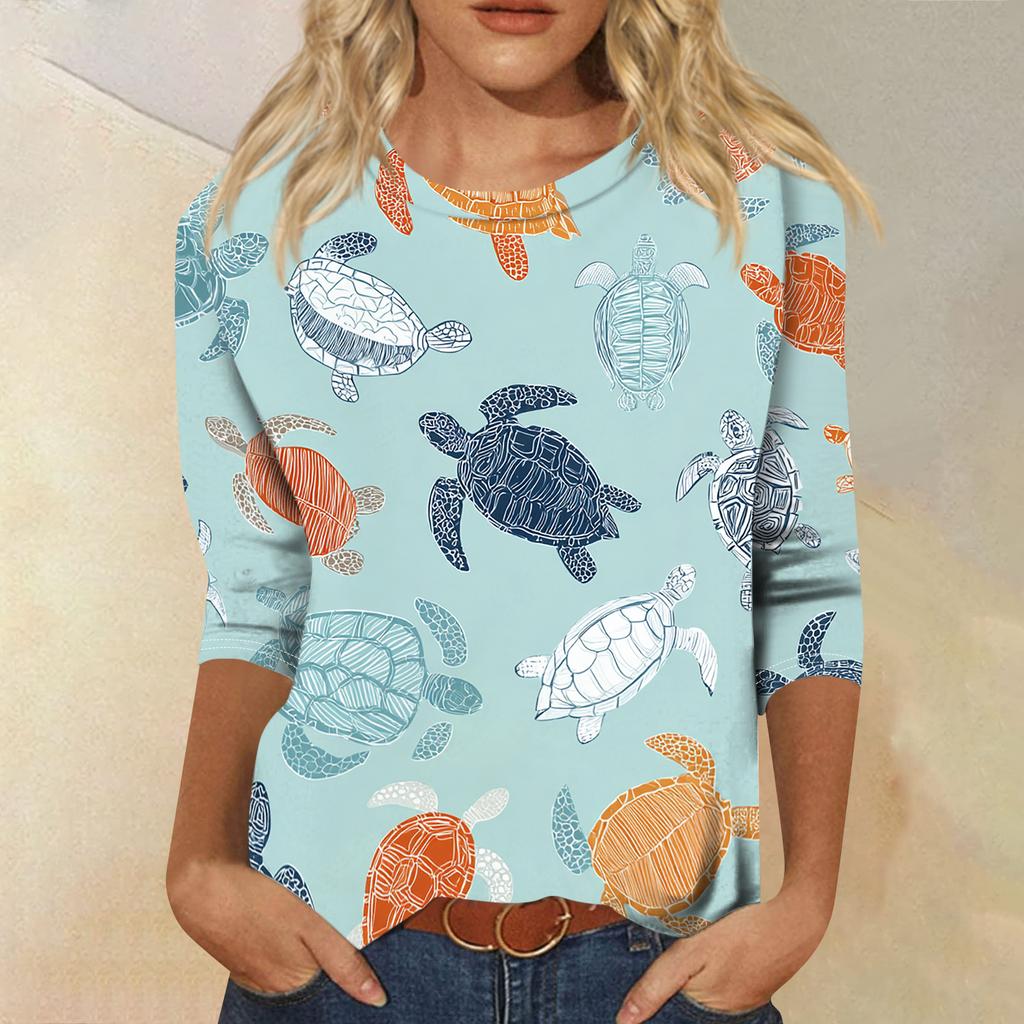 Women's Fashionable Casual Round Neck Three-quarter Sleeve Hawaiian Print T-shirt Top