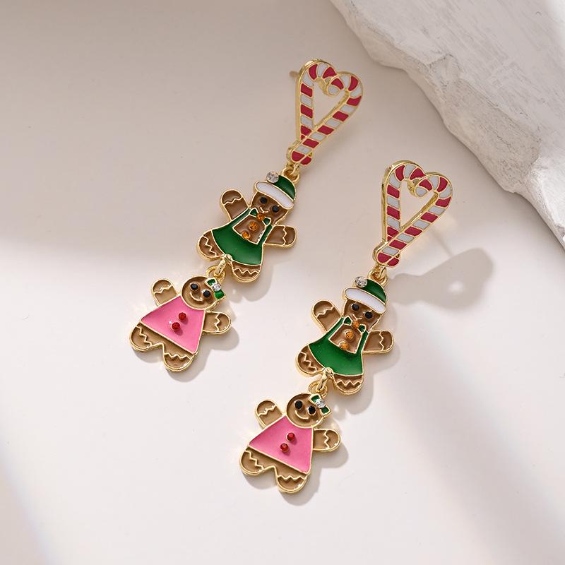 Trendy European & American Christmas Gingerbread Heart Tassel Stud Earrings for Women