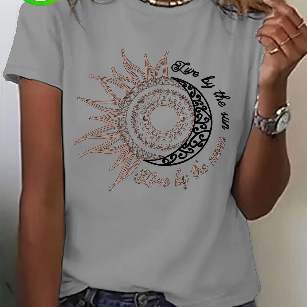 Women'S Casual Short Sleeve T-Shirt with Inspirational Sun and Moon Print Round Neck Fashion Top Ladies T Shirts