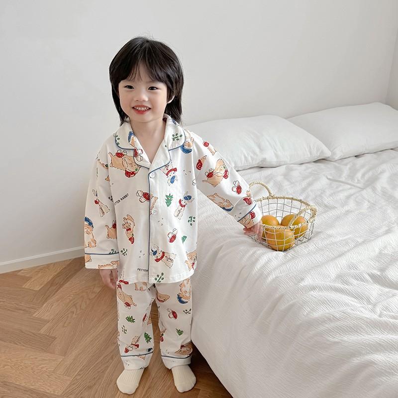 Kids Cotton Long Sleeve Pajama Set With Collar Soft Breathable Sleepwear Home Wear