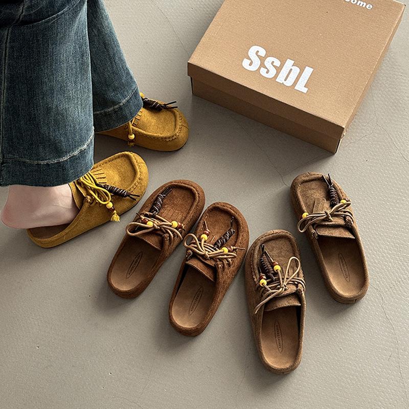 Retro Versatile Tassel Bag Head Thick-soled Half-slippers Women's Autumn New Fashion Outer Wear Women's Flat-bottomed Cool Slippers