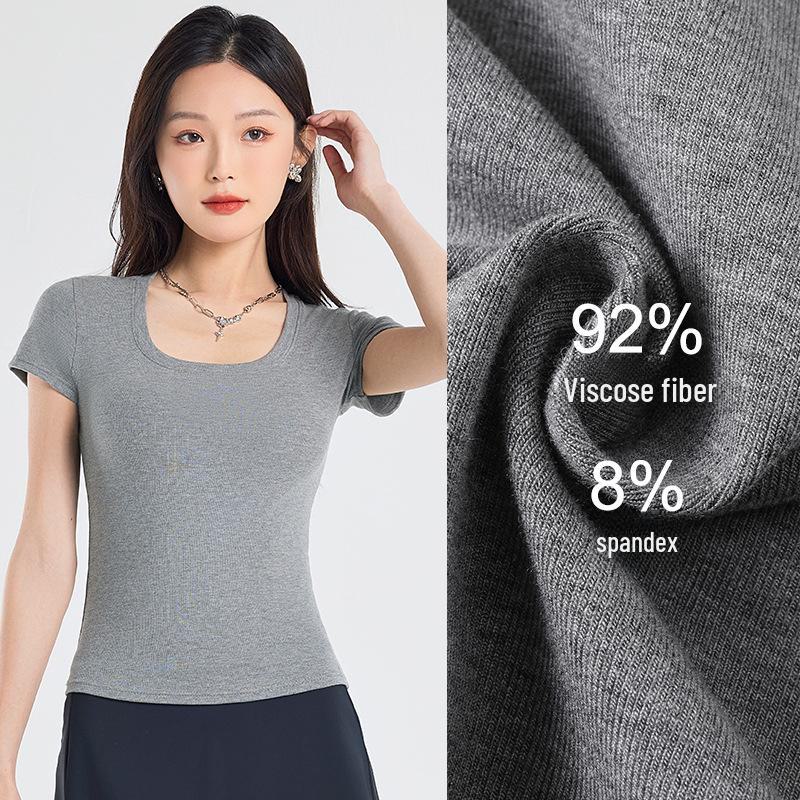 2025 Summer Slim Fit Women's Square Neck T-Shirt - Solid Color, Short Sleeves, Exposed Clavicle, Cotton Blend