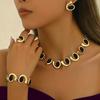 4PS Gold Jewelry Set, Bohemian Double-Layer Black Rope With Oval Black Acrylic Pendant Necklace Bracelet Earrings And Ring Set Vintage Trendy