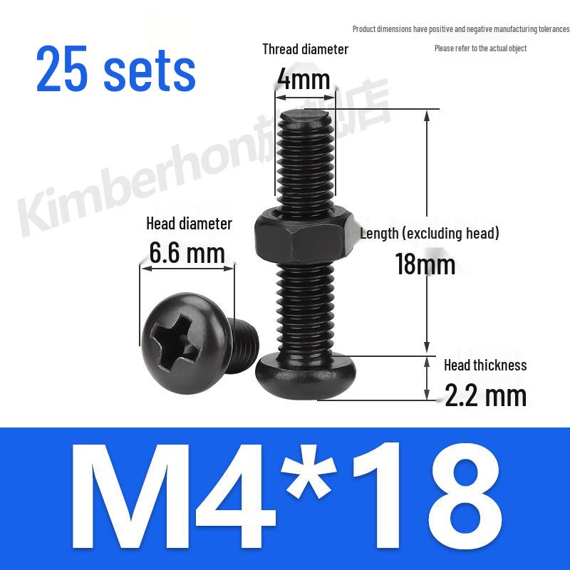 Complete Set of Black 304 Stainless Steel Phillips Round Head Screws and Nuts - M2M3M4M5M6MM.